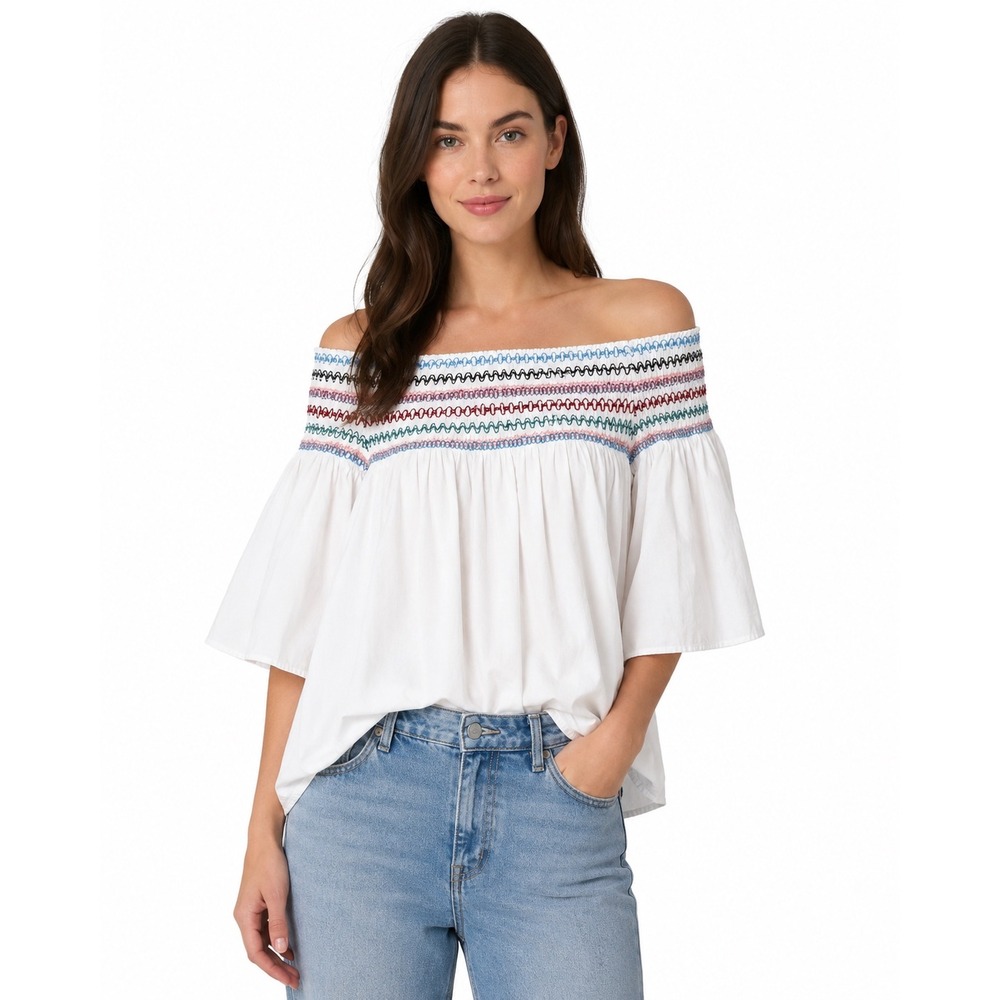 Parker White Smocked Embroidered Off Shoulder Cotton Blouse Size M